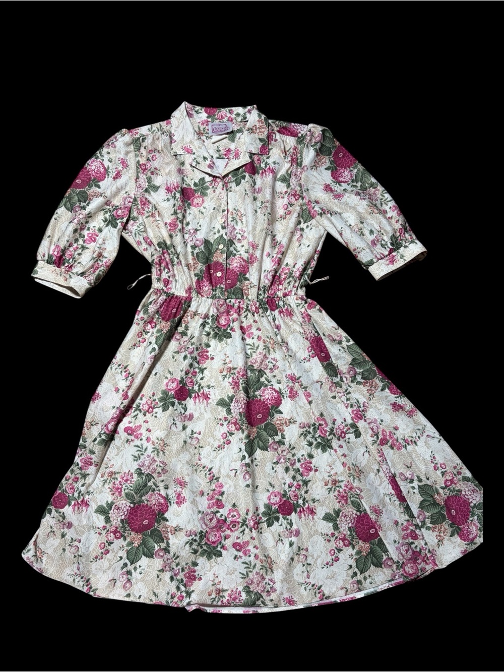 The Ultimate Cottage Core Floral Pink and Green Button-Front Dress-80’s